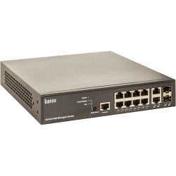 Ein 10-Port gigabitfähiger, verwalteter Netzwerk-Switch von barox, mit mehreren Ethernet-Anschlüssen und einem robusten Metallgehäuse.