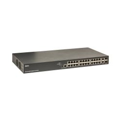 Ein 24-Port-Gbit-verwalteter PoE-Switch der Marke Barox mit mehr als 20 Netzwerkschnittstellen und einem robusten schwarzen Gehäuse.