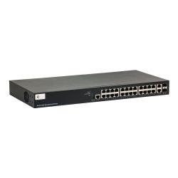 Ein schwarzer, 24-Port Gigabit Managed PoE Switch mit mehreren Netzwerkanschlüssen auf der Vorderseite in einem Rack-Mount-Design.