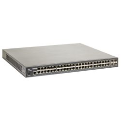 Ein Netzwerk-Switch mit 48 Ethernet-Ports und 4 SFP-Modulen an der Vorderseite, geeignet für den Einbau in ein Rack.