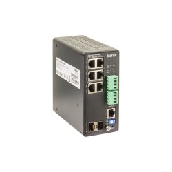 Ein schwarzer, industrieller PoE-Netzwerkswitch von Barox mit mehreren Ethernet- und Glasfaseranschlüssen sowie grünen Steckverbindern an der Vorderseite.