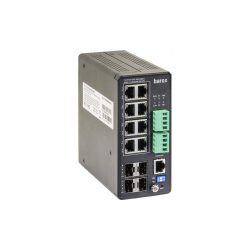 Ein industrieller PoE-Switch von Barox mit zwölf Ports, darunter acht Ethernet-Ports und vier Glasfaser-Ports; die Vorderseite zeigt auch LED-Anzeigen und grüne Steckverbindungen.