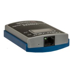 Ein blau-graues digitales Gerät mit einem Ethernet-Anschluss und grünem Indikatorlicht, beschriftet mit 'V100022', vermutlich ein computergestützter Monitor für Netzwerkanwendungen.