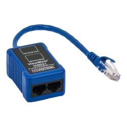 Blauer ViewMate Vi0021 PoE-Tester mit zwei Ethernet-Anschlüssen und einem angeschlossenen Netzwerkkabel mit RJ45-Stecker.