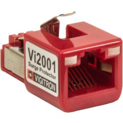 Ein roter Überspannungsschutzstecker mit der Aufschrift 'Vi2001 Surge Protector' von Vigitron.