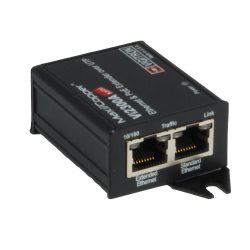 Ein schwarzer Ethernet-Extender mit zwei Ethernet-Ports, gekennzeichnet mit "Extended Ethernet" und "Standard Ethernet", und mehreren Lichtanzeigen auf der Oberseite.