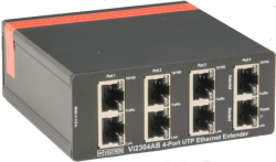 Ein schwarzes Vi2304AB 4-Port UTP Ethernet Extender-Gerät von Vigitron mit vier Ethernet-Anschlüssen, jeweils beschriftet mit Port 1 bis Port 4 für 10/100-Verbindungen.