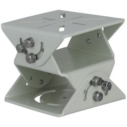 Grauer verstellbarer Metall-Laborhebertisch mit einer kreuzförmigen Aussparung und mehreren Schrauben an den Seiten für Höhenanpassung.