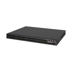 Ein schwarzer Netzwerk-Switch in einem kompakten, rechteckigen Gehäuse mit zahlreichen Ethernet-Ports auf der Frontseite.