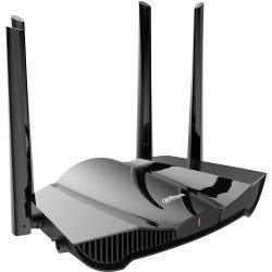 Ein schwarzer WLAN-Router mit vier Antennen und glänzender Oberfläche, mit einem Firmenlogo auf der Oberseite.