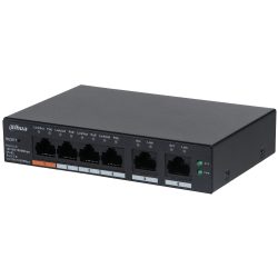 Ein schwarzer Netzwerk-Switch der Marke Dahua mit sechs Ethernet-Ports, von denen die ersten vier für PoE (Power over Ethernet) geeignet sind. Zwei LED-Anzeigen befinden sich auf der rechten Seite, beschriftet mit "SYS" und "PWR".