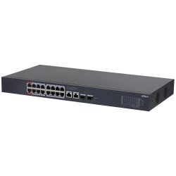 Ein schwarzer Netzwerk-Switch mit mehreren Ethernet-Anschlüssen und einem Belüftungsgitter an der Seite, der auf einer weißen Oberfläche steht.