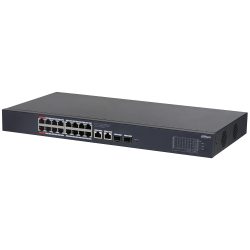 Ein schwarzer Netzwerk-Switch von Dahua mit mehreren Ethernet-Ports auf der Vorderseite.