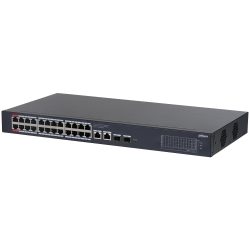 Ein schwarzer Netzwerkswitch mit mehreren Ethernet-Anschlüssen und Lüftungsschlitzen an der Seite.