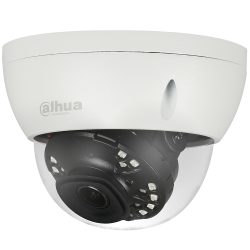 Eine weiße Kuppelüberwachungskamera der Marke Dahua mit einem schwarzen, abgedeckten Kameraobjektiv, das von LED-Lichtern umgeben ist.