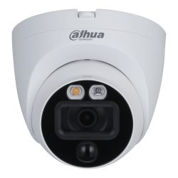 Weiße Überwachungskamera mit dem Logo von Dahua Technology, ausgestattet mit einem Objektiv und zwei Sensoren auf der Vorderseite.