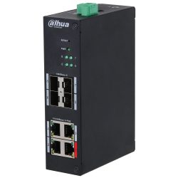 Ein schwarzer Netzwerkschalter mit mehreren Ethernet-Ports, grünem LED-Display und dem Logo "Dahua Technology" oben links auf der Vorderseite.