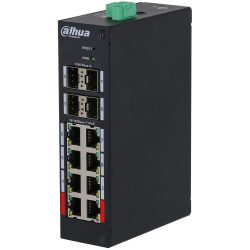 Industrie-Netzwerk-Switch von Dahua Technology mit mehreren Ethernet- und Glasfaser-Ports in schwarzem Gehäuse.