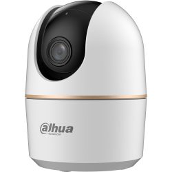 Eine weiße Überwachungskamera von Dahua Technology mit schwarzem Kameramodul und goldener Zierleiste.