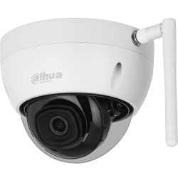 Überwachungskamera mit weißen Gehäuse und schwarzem Kameradom sowie einer WLAN-Antenne.