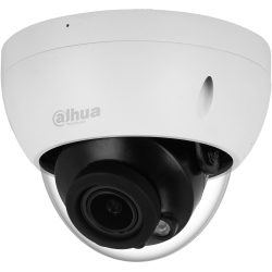 Eine runde Überwachungskamera von Dahua Technology mit einem weißen Gehäuse und einer durchsichtigen Kuppel, die eine schwarze Kameraeinheit umschließt.