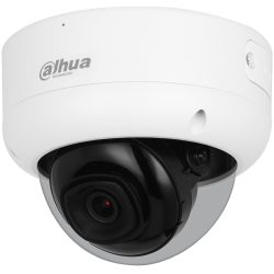 Nahaufnahme einer runden Überwachungskamera von Dahua Technology, in einem weißen Gehäuse mit schwarzem Kameramodul unter einer klaren Kuppel.