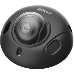 Schwarze, kuppelförmige Überwachungskamera mit einem durchsichtigen Gehäuse, das das Objektiv freigibt, und dem Markennamen "Dahua Technology" auf der Oberseite.
