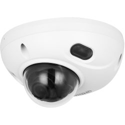 Eine weiße Dome-Überwachungskamera mit schwarzer Kuppel, montiert an einer Decke oder Wand.