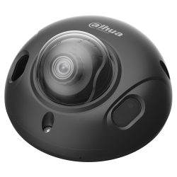Schwarze Dome-Kamera mit transparentem Gehäuse, erkennbar durch das Dahua-Logo oben auf dem Gehäuse.