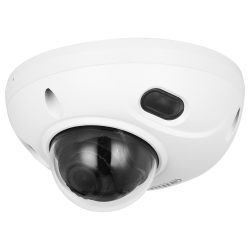 Eine weiße Überwachungskamera mit einer dunklen Kuppel und einem rechteckigen Sensor, montierbar an Decken oder Wänden.