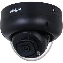 Schwarze Sicherheitskamera in Dome-Form von Dahua Technology mit einer gebogenen Abdeckung und sichtbarer Linse.