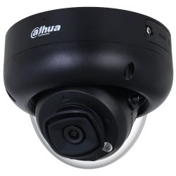 Schwarze Dome-Überwachungskamera von Dahua Technology mit einem Gehäuse, das eine runde, gewölbte Abdeckung um die Linse hat.