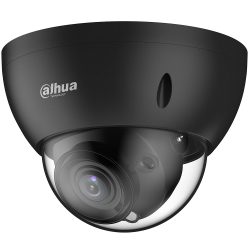 Schwarze Dome-Überwachungskamera der Marke Dahua mit sichtbarem Objektiv hinter einer transparenten Kuppel.