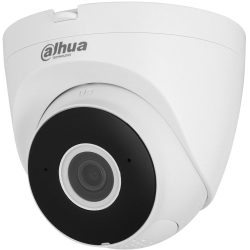 Eine weiße, moderne Überwachungskamera von Dahua Technology mit einem schwarzen Objektivring und einer gewölbten Abdeckung.