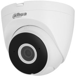 Weiße Dome-Überwachungskamera der Marke Dahua Technology mit schwarzem Objektivbereich.