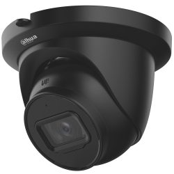 Eine schwarze Überwachungskamera von Dahua, die eine Kuppelform hat und für die Deckenmontage konzipiert ist.