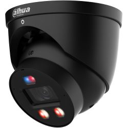 Eine schwarze Dahua Sicherheitskamera mit einer Kuppelform und rot-blauen LED-Leuchten vorne.