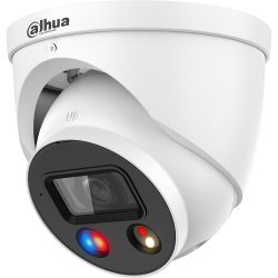Weiße Überwachungskamera von Dahua mit integriertem LED-Licht und Sicherheitsfunktionen, montiert in einem Gehäuse mit Markenlogo.
