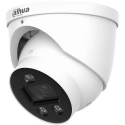 Weiße CCTV-Überwachungskamera von Dahua Technology mit einem runden Gehäuse und zwei sichtbaren LED-Leuchten.