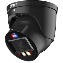 Eine schwarze Sicherheitskamera von Dahua Technology mit LED-Leuchten und einer Kamera mit einem rotem und blauem Indikatorlicht.