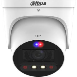 Nahaufnahme einer weißen Dome-Überwachungskamera von Dahua Technology mit erkennbarem rot-blauen LED-Licht auf der Vorderseite.
