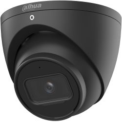 Schwarze domeförmige Überwachungskamera von Dahua Technology mit sichtbarem Kameraobjektiv im Zentrum.