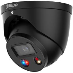 Schwarze Sicherheitskamera mit Logo von Dahua Technology, ausgestattet mit einem Objektiv und zwei leuchtenden LEDs, in Rot und Gelb, in einem kugelförmigen Gehäuse.