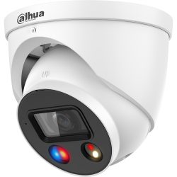 Weiße Überwachungskamera von Dahua Technology mit zwei Lichtern, eines blau und rot leuchtend, in einem kompakten Gehäuse.