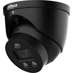 Eine schwarze Überwachungskamera von Dahua Technology mit einem kugelförmigen Gehäuse und zwei Linsen darunter.