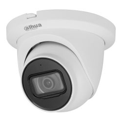 Weiße domeförmige Überwachungskamera mit der Aufschrift "Dahua Technology" und einem sichtbaren Objektiv in der Mitte.