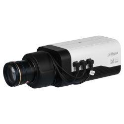 Eine CCTV-Überwachungskamera in rechteckiger Form mit einem großen Objektiv, auf dem das Markenzeichen 'Dahua' sichtbar ist.