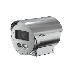 Eine silberne, zylindrische Sicherheitskamera der Marke Dahua Technology mit robustem Gehäuse.