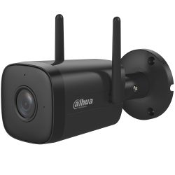 Schwarze Sicherheitskamera von Dahua Technology mit zwei Antennen und einer Wandhalterung.