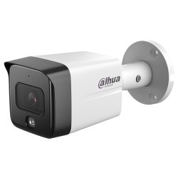 Eine weiße Überwachungskamera mit schwarzer Front und dem Logo "Dahua Technology" an der Seite.